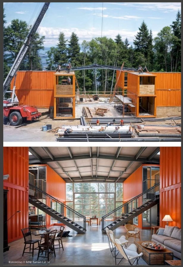 Modular container-built campus buildings under construction and the finished interior.